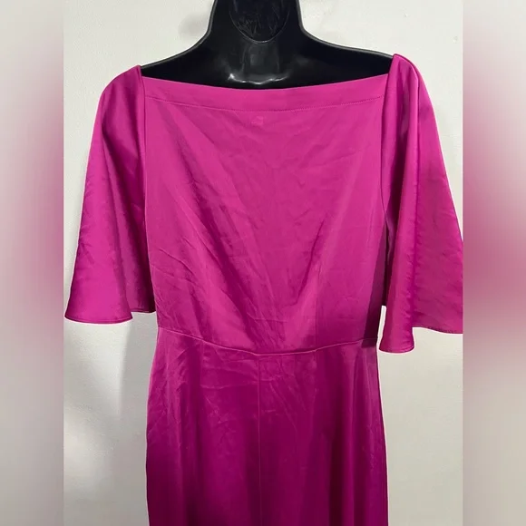 Banana Republic Satin Magenta Midi Dress Elegant Pink Flutter Sleeve Dress - Picture 5 of 13